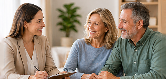 Asesora financiera atendiendo a una pareja de adultos mayores