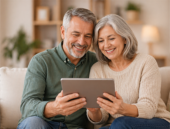 Pareja mayor revisando información financiera con tranquilidad